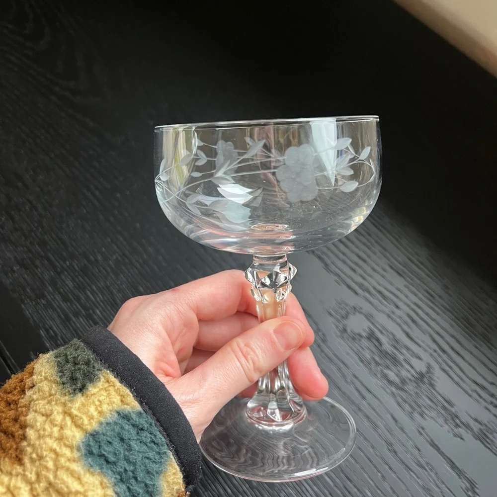 Princess House Vintage Crystal Etched Champagne Coupe Glassware Two Glasses